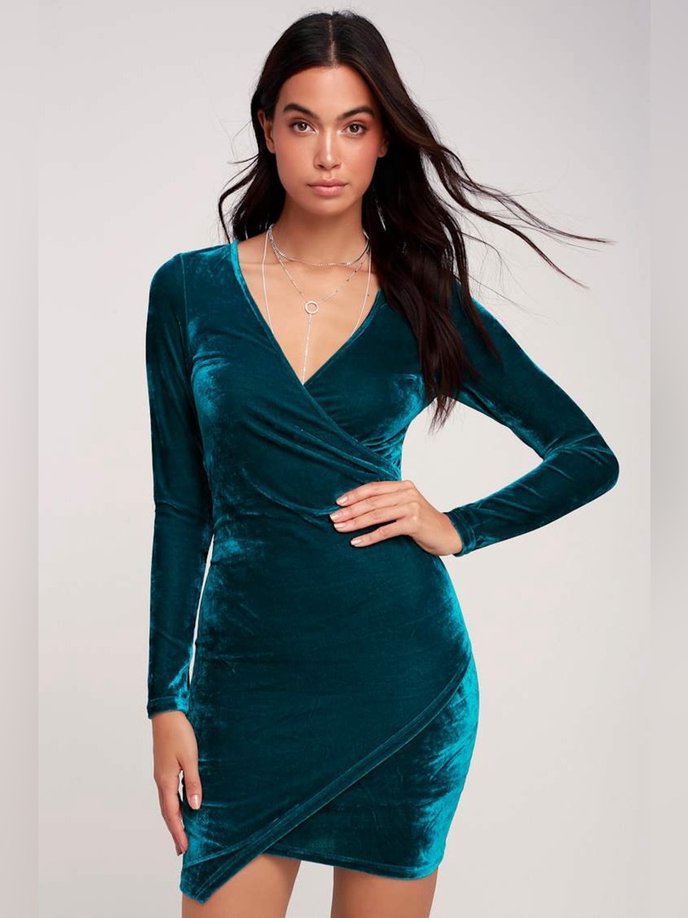 Lulus Teal Velvet Long Sleeve Wrap Mini Dress Size S
